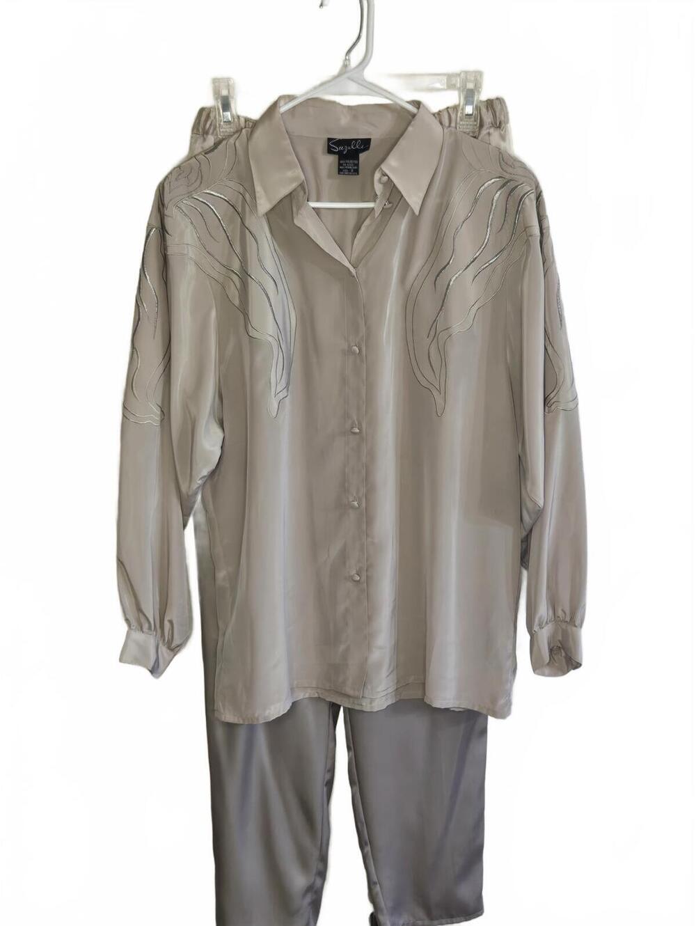 Vintage Suzelle Beige Satin Button-Up Shirt and Pants Set